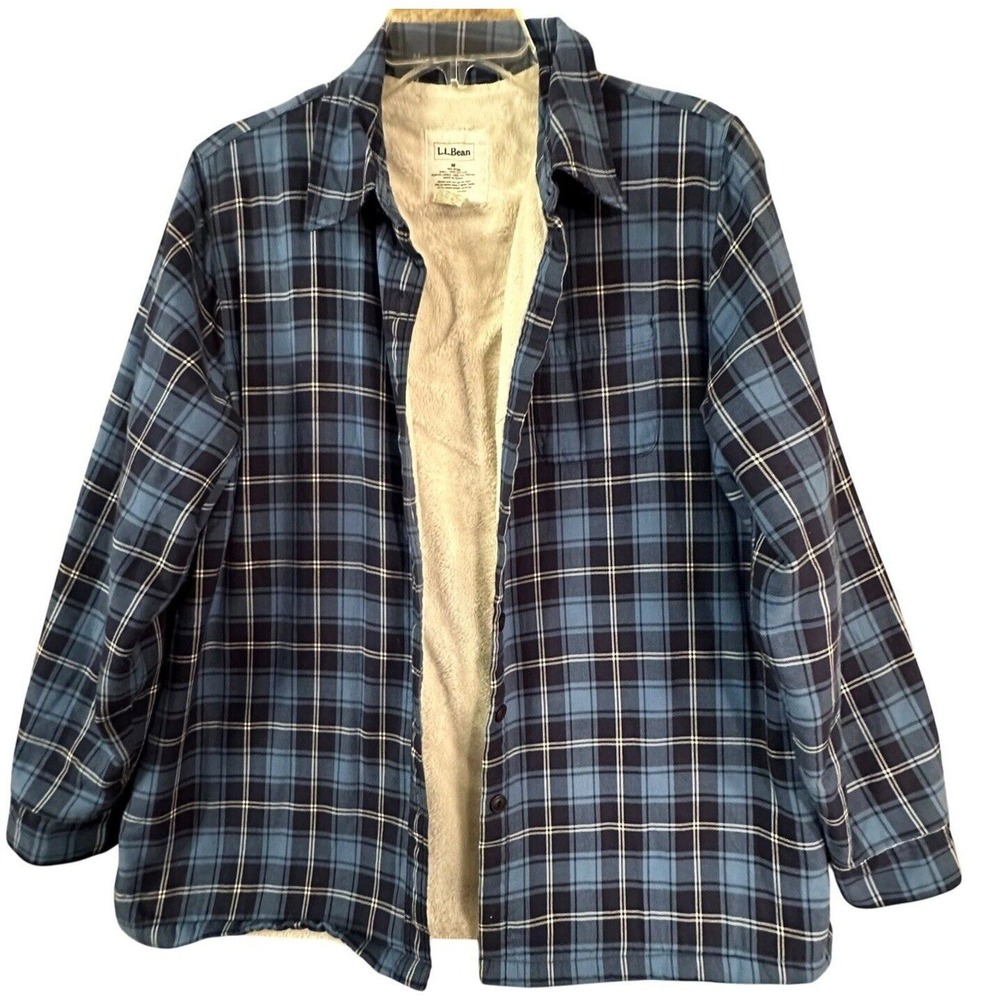 L.L. Bean Shirt Jacket‎ Blue White Plaid Waist Length Lined Cotton Womens Sz M